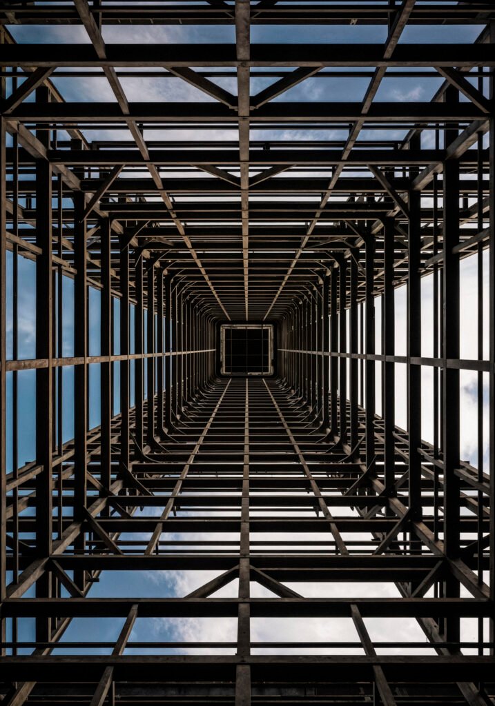 architectural perspective steel structure looking up